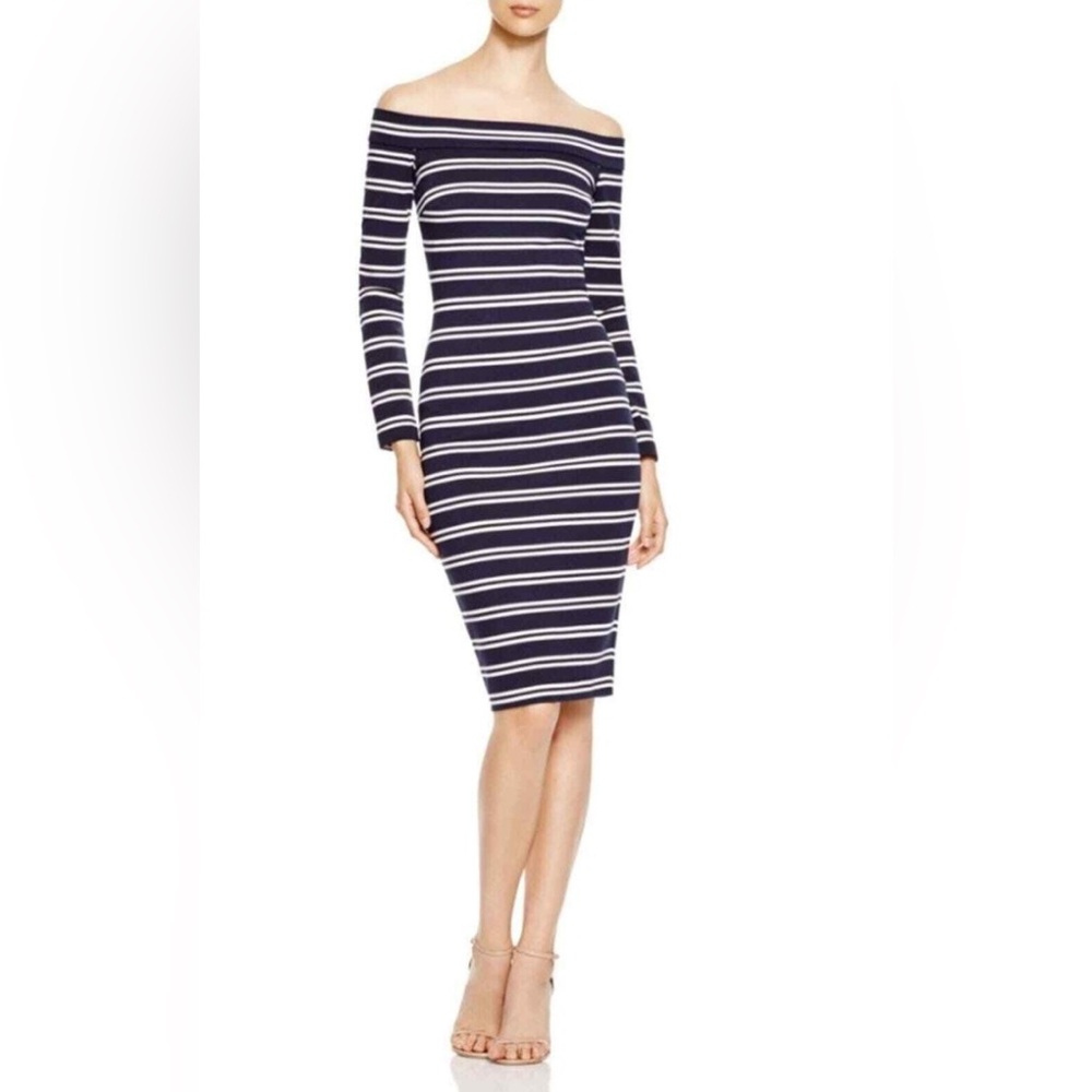 Bec & Bridge Striped Off The Shoulder Bodycon Dress Navy and White Size 2 NWT